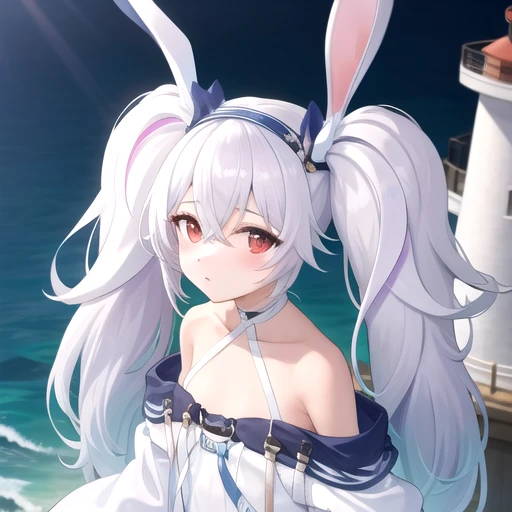((masterpiece)),(best quality),official art,extremely detailed CG,unity 8k wallpaper,ultra detailed,A lighthouse on a cliff by the sea,1girl,solo,upper body,(portrait:1.2),looking at viewer,laffey ii (azur lane),animal slippers,white hair,blue headband,blue ribbon,small breasts,fake animal ears,garter straps,gradient hair,hair between eyes,halterneck,very long hair,long sleeves,multicolored hair,off shoulder,rabbit ears,red eyes,sleeves past fingers,sleeves past wrists,twintails,white dress,white footwear,white thighhighs,<lora:Laffey II(azur)>,