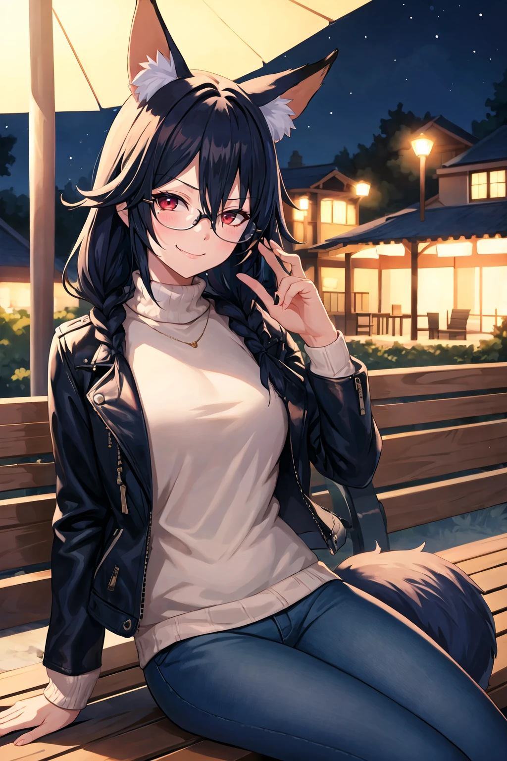 1girl, solo, sidelocks, twinbraids, black hair, red eyes, smug, smirk, glasses, sitting, bench, partk, at night, long hair, white sweater, leather jacket, black jacket, fox girl, fox ears, fox tail, jeans, black tail, <lora:Doco-Style-v1_428072:1>