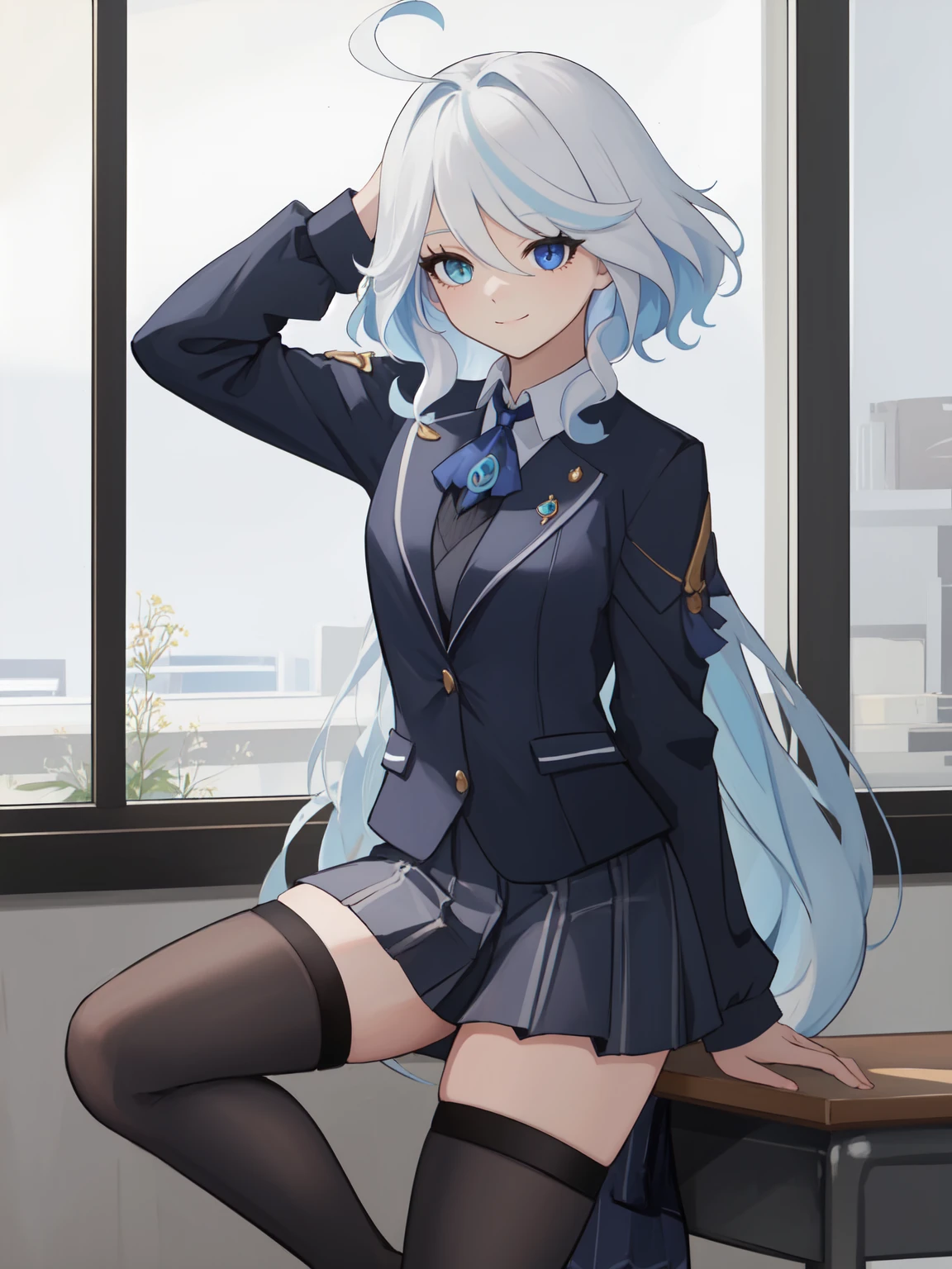 Furina,1girl,solo,long hair,ahoge,blue eyes,white hair,blue hair,bangs,(heterochromia:1.2),
(school uniform, black thighhighs:1.2),
light smile,arnime screen,hdr,absurdres,
<lora:furina-000015:0.8:lbw=char>,<lora:genshinImpactModel_v10:0.0:lbw=MIDD>,, 1girl,
, (masterpiece,best quality:1.2),absurdres