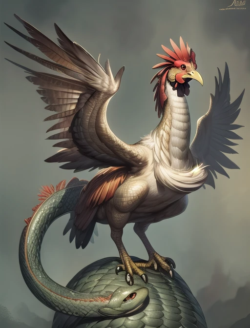 best quality, masterpiece, highres, detailed realistic, <lora:Detail - add_detail:0.2>, Cockatrice, chicken, bird, wings, snake, <lora:Cockatrice:0.6>, no humans,