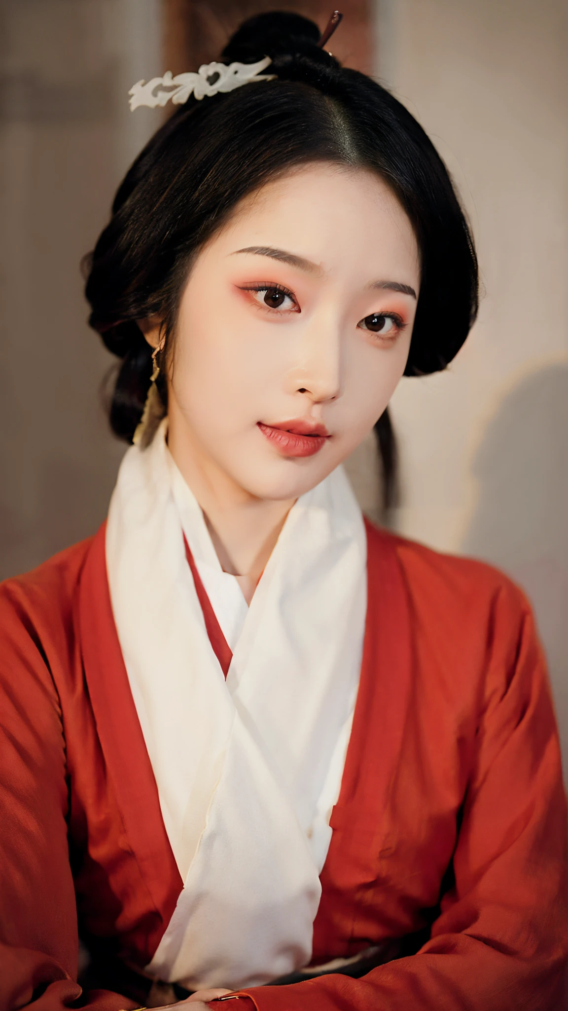 Chinese Hanfu，zydG， 1girl， Delicate skin， looking at viewert， Brown eyes，  （mediuml breasts：1.0）， （medium areolae：0.8），
（realisticlying：1.4）， （Best Picture Quality：1.0）， （超高分辨率：1.0）， 8k， RAW photos， （tmasterpiece：0.2）， （pureerosface_v1：0.5）