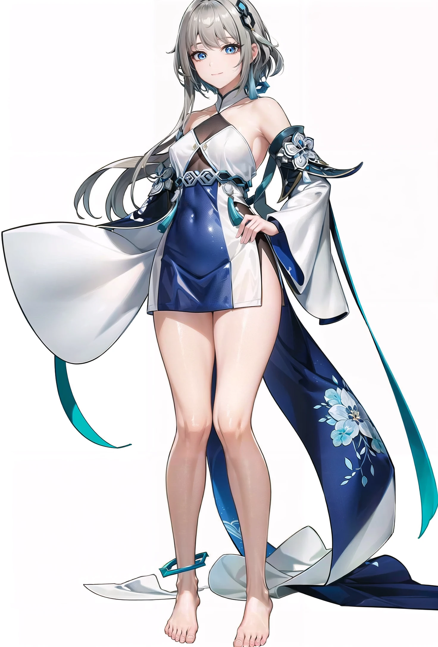 8k, best quality, masterpiece, (ultra-detailed:1.1), (high detailed skin), 
(full body:1.2), white background, looking at viewer, (solo), hand on hip, 
<lora:guizhong-v100-000029:0.8:lbw=OUTALL>, guizhong, 1girl, long hair, barefoot, dress, blue eyes, chinese clothes, 
(white background, simple background,:1.2), 
<lora:EnvyBetterHands LoCon_beta2 è¾å©:0.55>, ( good hands, nice hands:0.5), 
(beautiful_face), ((intricate_detail)), clear face, 
((finely_detailed)), fine_fabric_emphasis, 
((glossy)), full_shot,