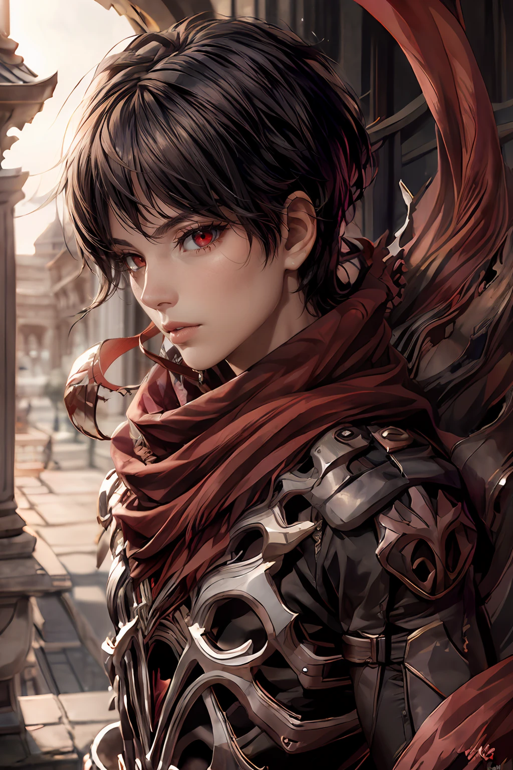 (masterpiece, best quality:1.2), absurdres, intricate detail, realistic, photorealistic, 4k, highres, 1boy, solo, black hair,  red eyes, fierce, red scarf, ragnarok_gx  <lora:ragnarok_gx-10:1>, top view,  looking at viewer,  arabian architecture background, <lora:add_detail:0.8>