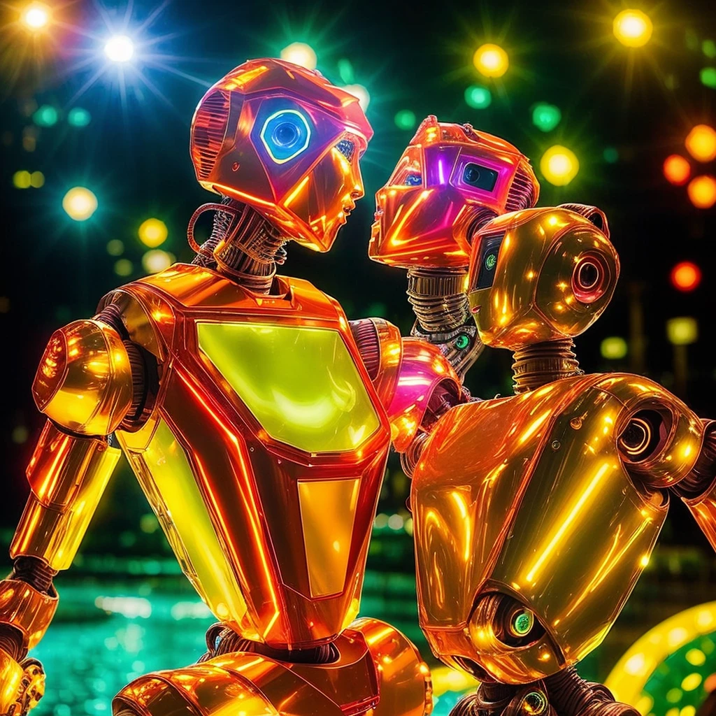 Disco-themed ( robotic:1.5) Golden Hour Romance Create a romantic scene with the robotic beauty in the river during the golden hour. Use soft, warm lighting, golden reflections, and a low camera angle to highlight the enchanting features. . Vibrant, groovy, retro 70s style, shiny disco balls, neon lights, dance floor, highly detailed