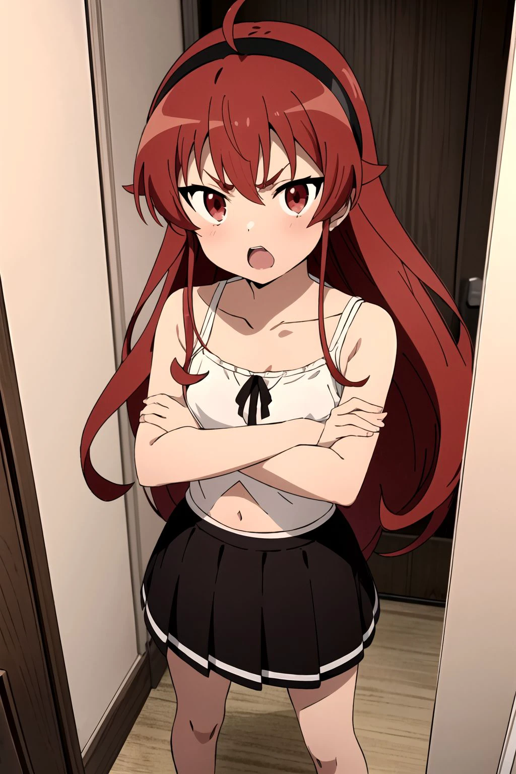 (masterpiece:1.4), (best quality:1.4), (((pixel-perfect, detail-perfect))), 1girl, eris boreas greyrat, red hair, long hair, hair between eyes, ahoge, black hairband, red eyes, medium breasts, red camisole shirt, spaghettin strap, collarbone, navel, black pleated skirt, barefeet, looking at viewer, annoyed, open mouth, standing, crossed arms, doorway, bedroom, messy room, bed, pov, detailed, flat, flat colors, 2D, (anime:1.45),  <lora:Eris Boreas Greyrat (Mushoku Tensei):0.7> bottom shirt