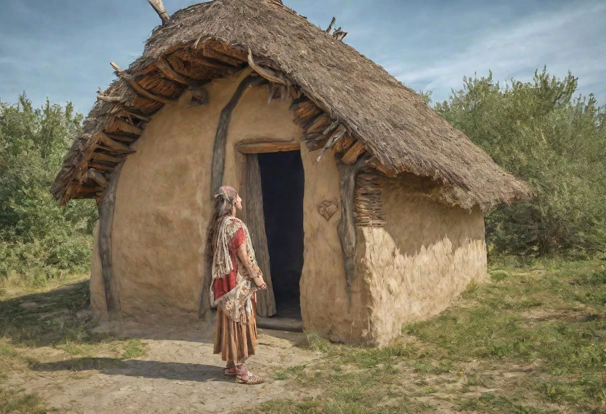 HDR,UHD,8K,Highly detailed,realistic,photo-realistic:1.37), A woman in primitive clothig outside a neolithic house, wall painted in neolithic style