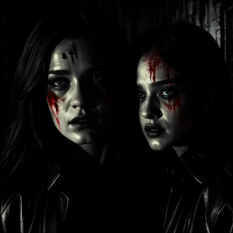 Horror-themed, <lora:Sin City style SD1.5:1.2>
a man and a woman with red blood on their faces sin city style, Eerie, unsettling, dark, spooky, suspenseful, grim, highly detailed