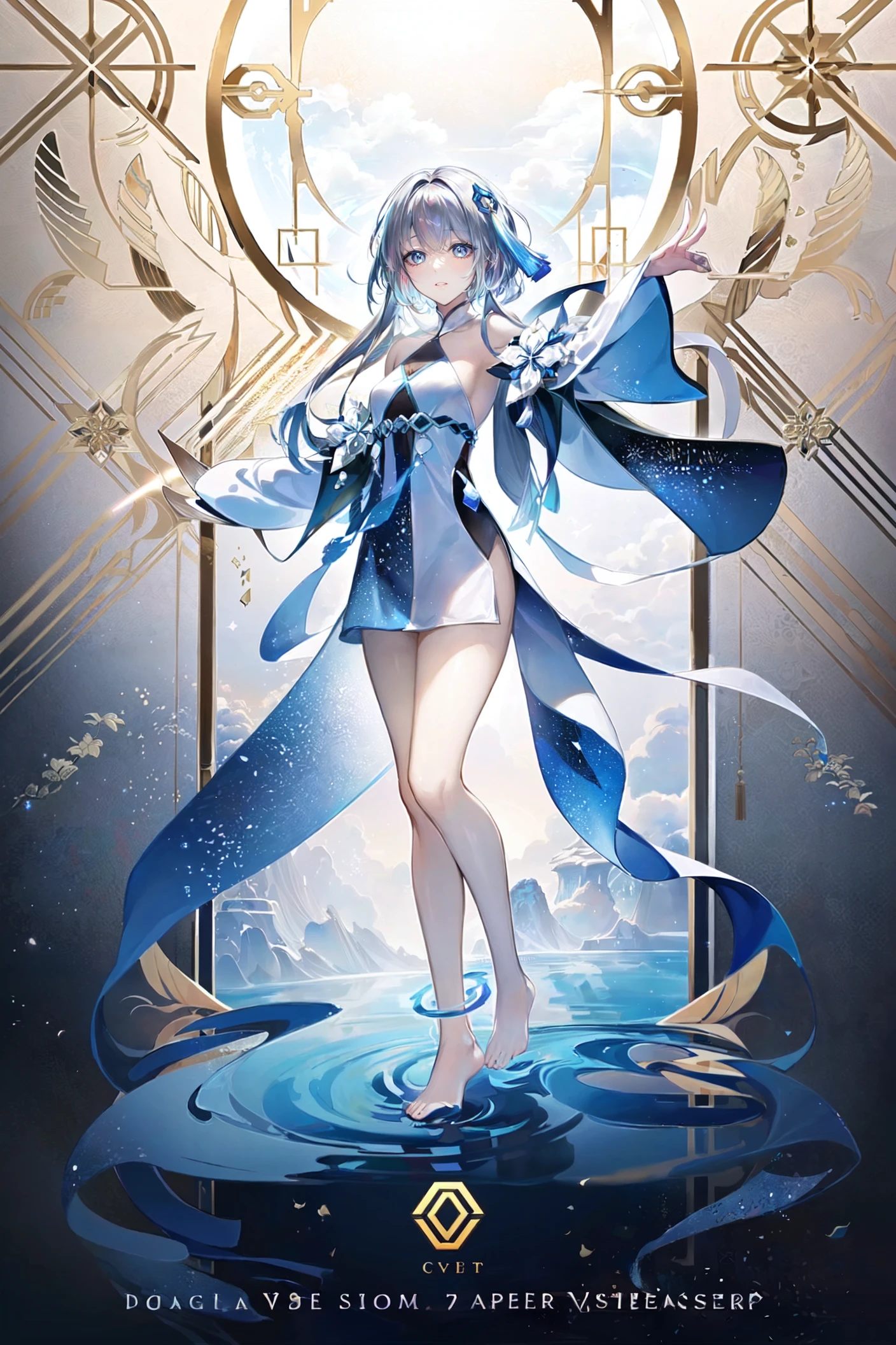 simple_white_background, golden and white theme, Sense of coordination, sense of order, mathematics beauty, (((cover design))), (((((cover art))))), ((trim)), album_art, official art, (Master's work), full body, ( closeup, 1girl,solo:1.2),
<lora:guizhong-v100-000029:0.8:lbw=OUTALL>, guizhong, 1girl, long hair, barefoot, dress, blue eyes, chinese clothes, long sleeves,
cloud, sky, leaf, Cloud patterns, Chinese pattern, white geometry, colorful geometry, reflection, crystal_art, pattern_design, creative, Mystery pattern, colorful crystal decorate, blue crystal, (architectural art), ((geometric art)), pattern design, creative, shine, dream,
swimming in ocean,
------,
Low saturation, grand masterpiece, Perfect composition, film light, light art,