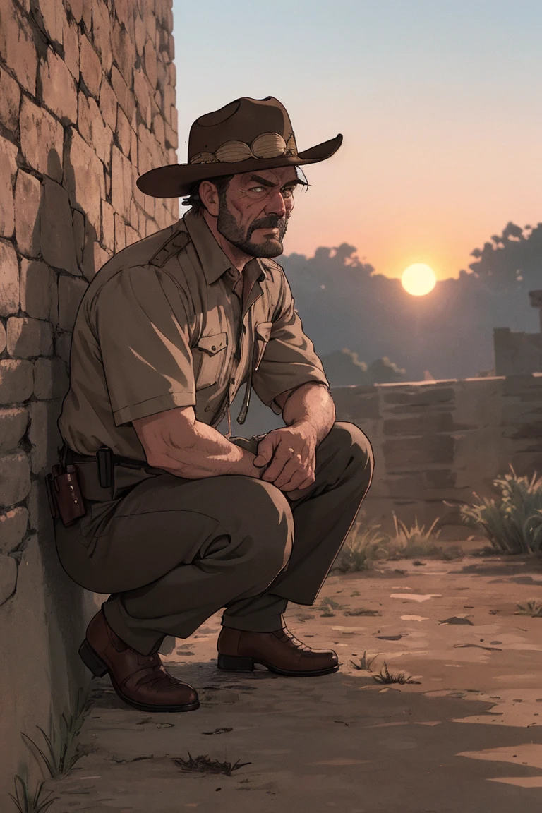 hard boiled western, old sheriff, stubble,
in outdoor, squatting on wall, sweaty, blush,
in room at dusk,
from direct  front,
masterpiece, best quality, extremely detailed,
crisp image, clear image,
highly detailed background