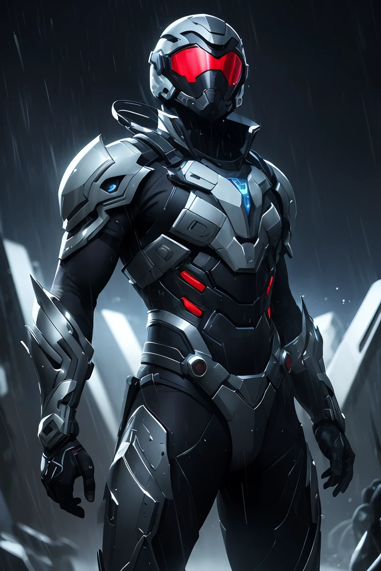(masterpiece), pinterest, futuristic soldier, 1 man, helmet, futuristic armor, dramatic, raining, night, black armor, black clothes, solid helmet, futuristic weapon, futuristic equipment, detailed gadgets, sci-fi, futuristic background, (dynamic pose), medium shot, looking away, (style of Benedick Bana, messy, streaks, style of Tsutomu Nihei:1.0)
