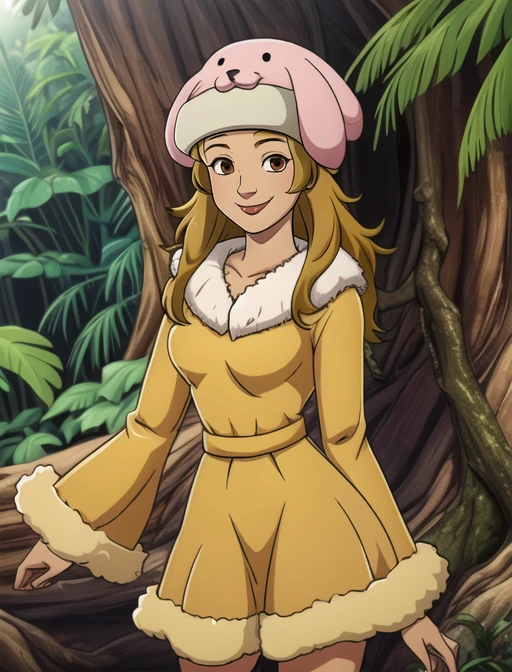best quality, masterpiece, highres, detailed, digital artwork, <lora:Detail - add_detail:0.2>, HxHHina, animal hat, brown eyes, yellow dress, fur trim, <lora:HxHHina-10:0.8>, happy, smile, jungle