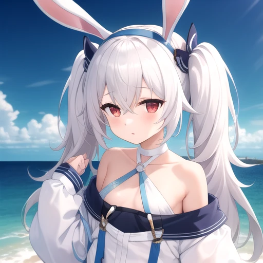 ((masterpiece)),(best quality),official art,extremely detailed CG,unity 8k wallpaper,ultra detailed,A lighthouse on a cliff by the sea,1girl,solo,upper body,(portrait:1.2),looking at viewer,laffey ii (azur lane),animal slippers,white hair,blue headband,blue ribbon,small breasts,fake animal ears,garter straps,gradient hair,hair between eyes,halterneck,very long hair,long sleeves,multicolored hair,off shoulder,rabbit ears,red eyes,sleeves past fingers,sleeves past wrists,twintails,white dress,white footwear,white thighhighs,<lora:Laffey II(azur)-v1>,