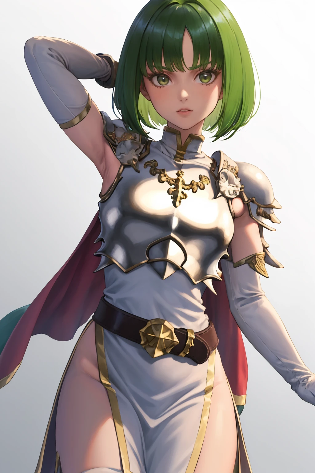 masterpiece, best quality, 1girl, solo, <lora:dithorba-fe-richy-v1:1> dithorba, shoulder armor, breastplate, white dress, belt, elbow gloves, cape, thigh boots, bob cut, arm up, armpits, looking at viewer, thighs, side slit, hip focus, wide hips