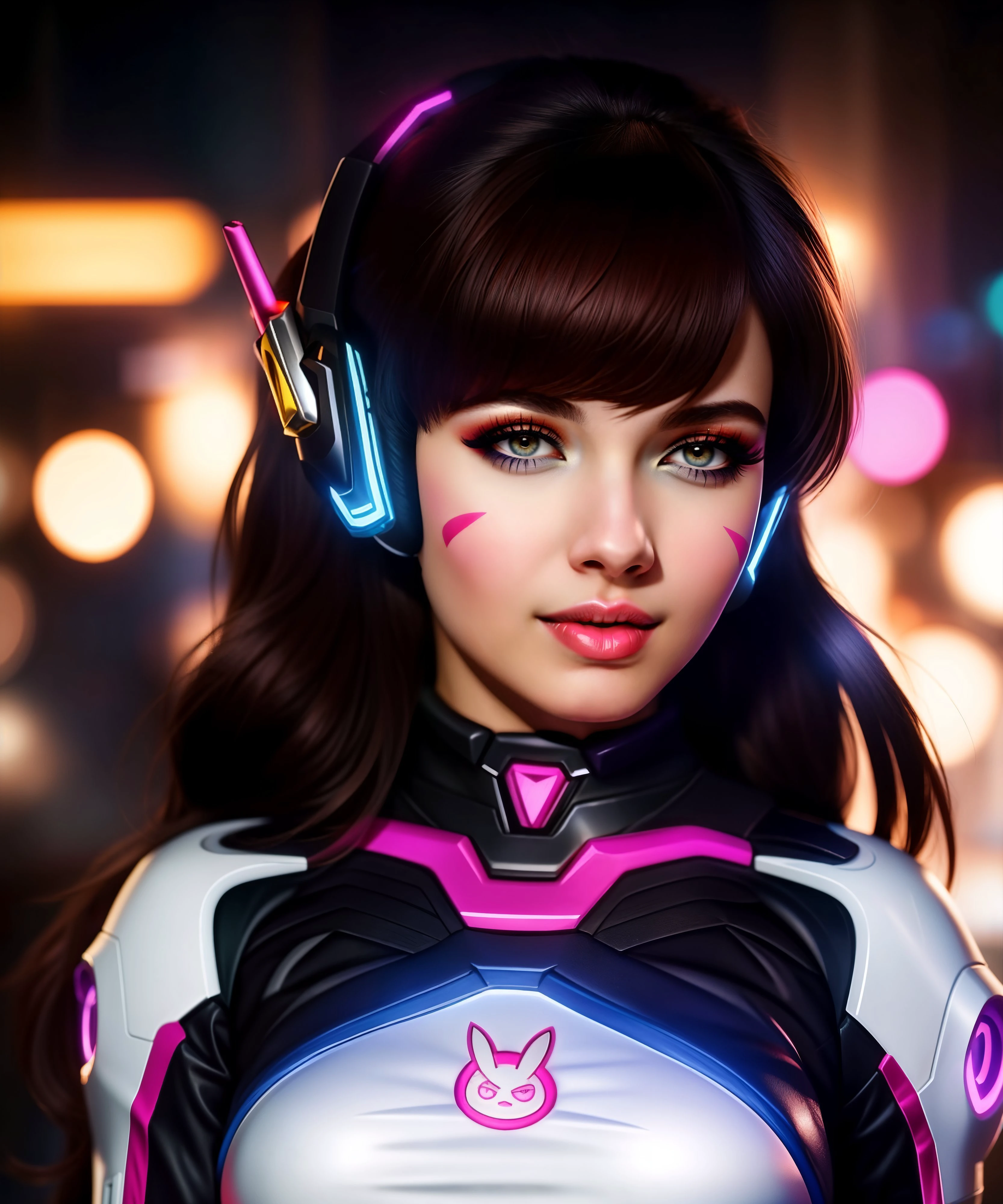  <lora:DVa:0.7>
a woman, dva, overwatch, (portrait, close up:1.2), complex background, perfect lighting, internal glow, Best Quality, 8k, UHD