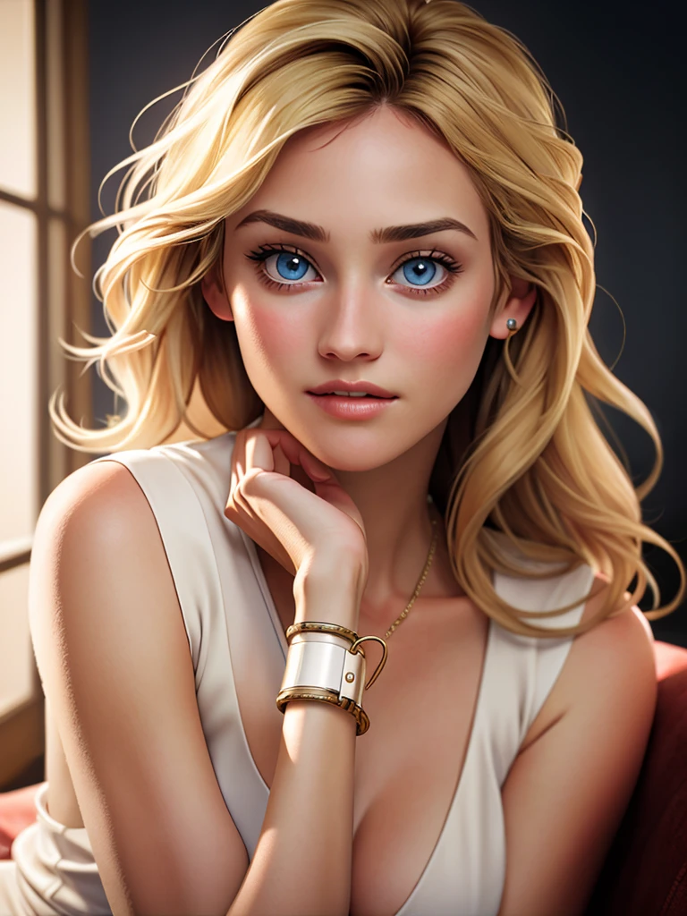 Realistic photo of a beautiful d14n3k woman, 1girl,solo,long hair,looking at viewer,blue eyes,blonde hair,jewelry,sitting,bracelet,lips,cuffs,realistic,handcuffs,soft lighting, professional Photography, Photorealistic, detailed, RAW, analog, sharp focus, 8k, HD, high quality, masterpiece<lora:d14n3k:1.0>