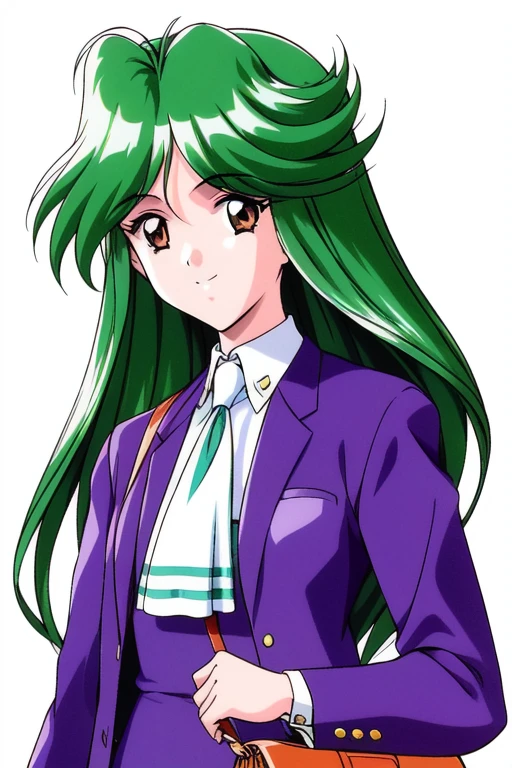 <lora:asoukasumi_TM2:1>, asoukasumi TM2, 1girl, solo, long hair, green hair, bag, retro artstyle, smile, brown eyes, 1990s (style), white background, long sleeves, simple background, handbag, ascot, looking at viewer, jacket, shoulder bag
masterpiece, high quality, very_high_resolution, large_filesize, full color,