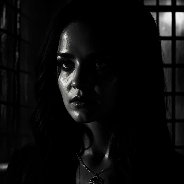 Horror-themed, <lora:Sin City style SD1.5:1.2>
a woman with a black dress and a necklace sin city style, Eerie, unsettling, dark, spooky, suspenseful, grim, highly detailed