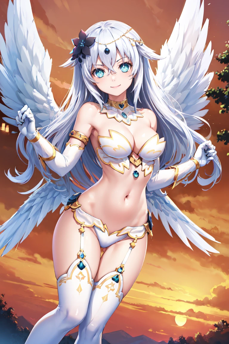 masterpiece, best quality, absurdres, BlackHeartAngel, symbol-shaped pupils, hair flower, hair ornament, angel, wings, revealing clothes, white gloves, white thighhighs, outdoors, orange sky, evening, smile, floating, flying, <lora:BlackHeart:1>