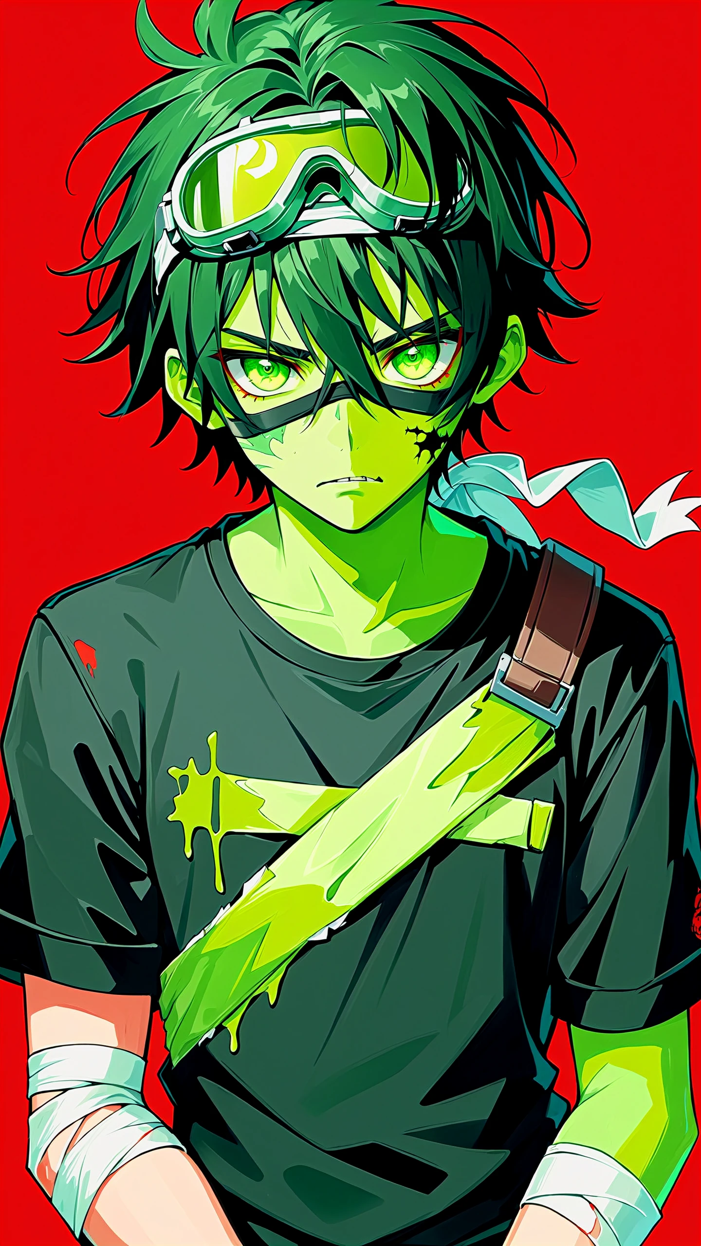 (masterpiece, best quality:1.2), by nixeu, 1boy, male focus, solo, disgust, black hair, messy hair, short hair, green eyes, zombie, green skin, black shirt, short sleeves, bandaged arm, goggles on head, portrait, red background, impasto, realistic