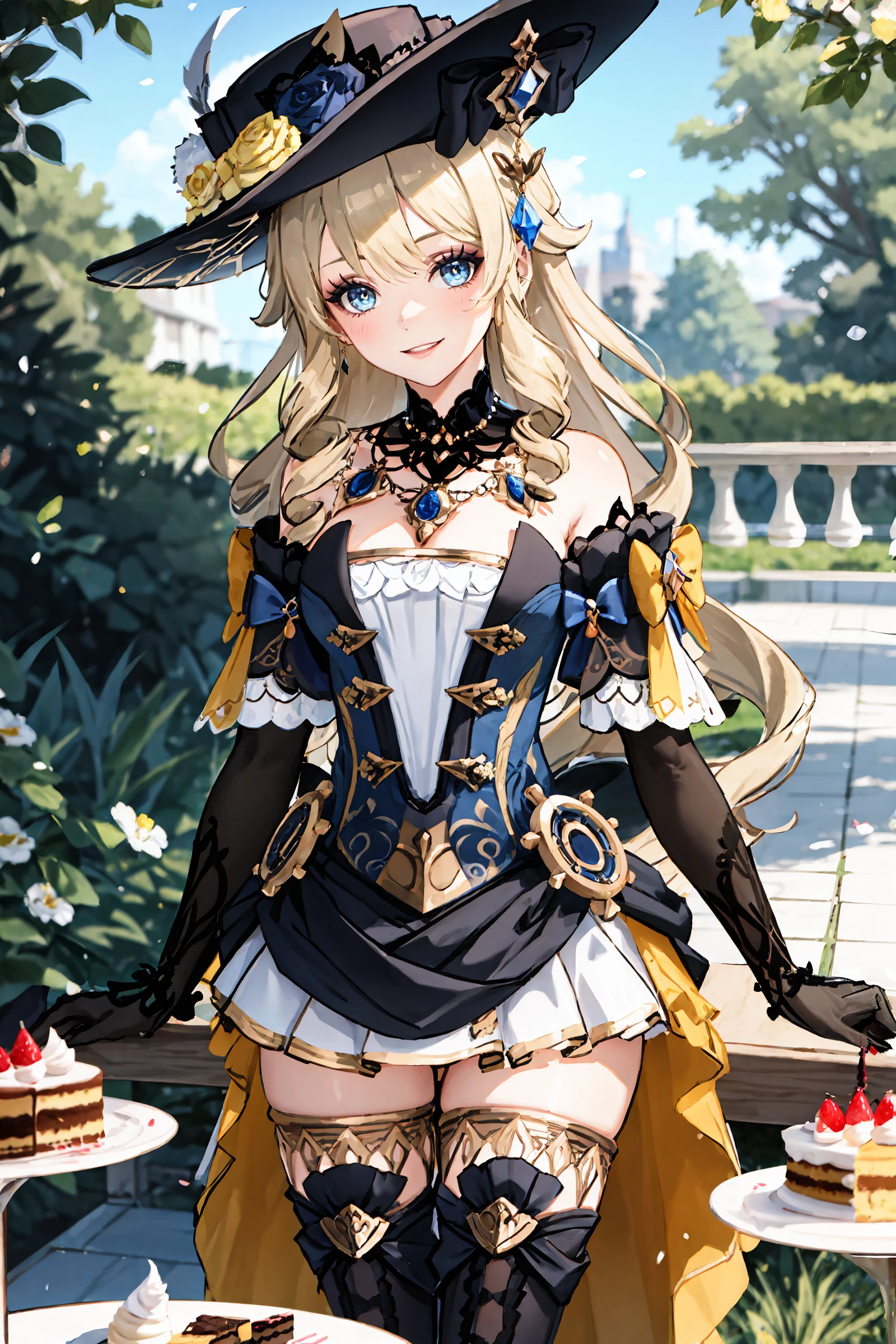 [navia (genshin impact)]:1.5,((masterpiece,highest quality,Highly detailed images,Beautiful images))1.4(navy images、Hold the hat down:1.6、night scene、A magical night city、The wind is blowing、Overall dim lighting、Backlight、A fantastic atmosphere、Thick Fog、Dust flutters)1.3,(Close-up of Navia looking to the side)1.1、(Cute smile、Great cleavage、Exposing cleavage):1.2
