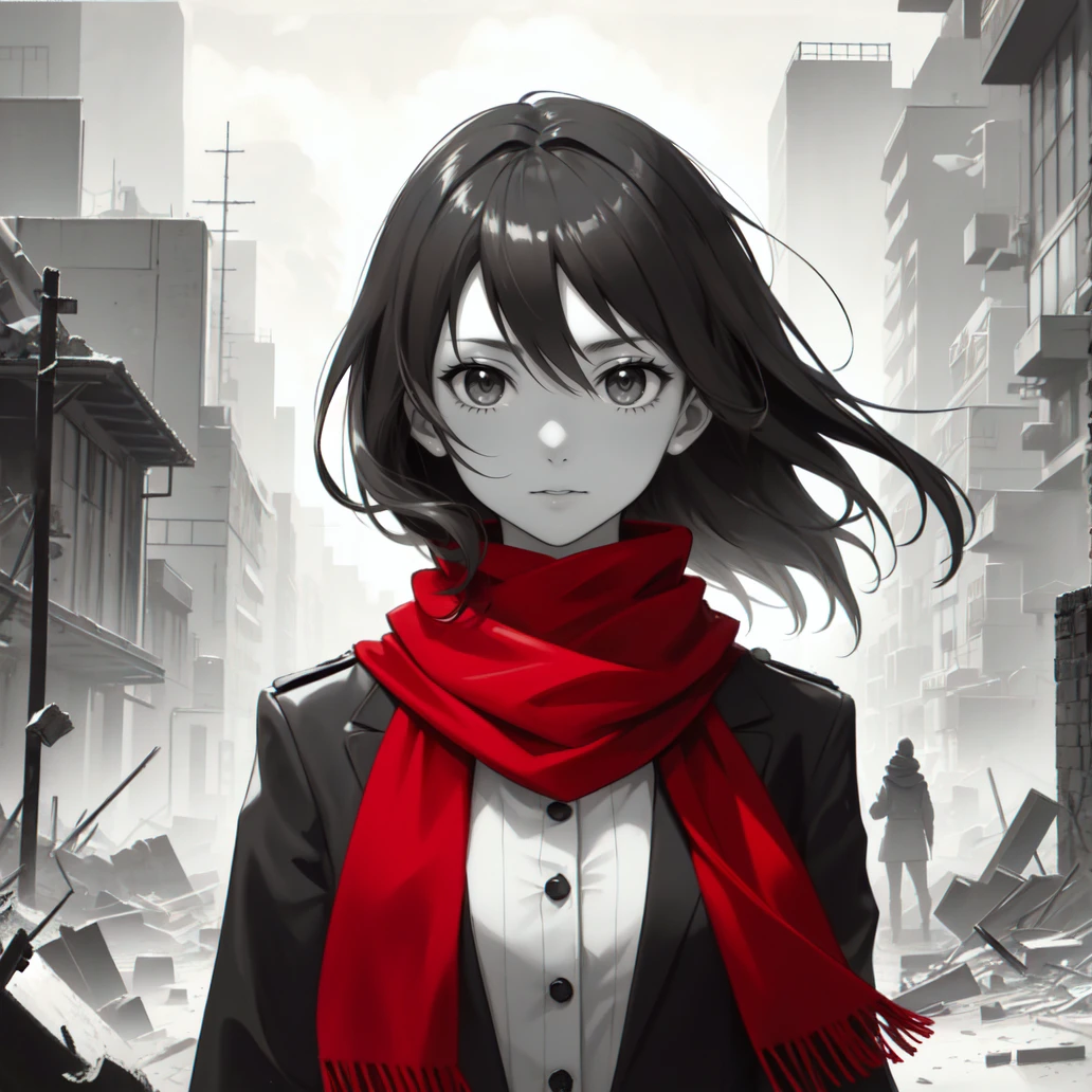 (masterpiece, best quality:1.2), (monochrome, spot color:1.08), 1girl, (red scarf:1.1), emblem, solo, wind, looking at viewer, hair between eyes, upper body, debris, smoke