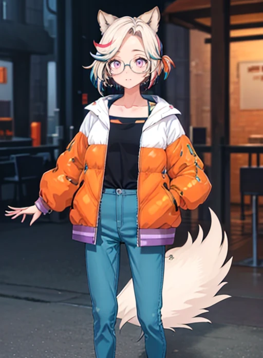 best quality, (masterpiece),(ultra-detailed), (high quality), (high resolution), <lora:funabyvt:0.7>, funabyvt, animal ears, short hair, glasses, multicolored hair, purple eyes, collarbone, jacket, pants, tail