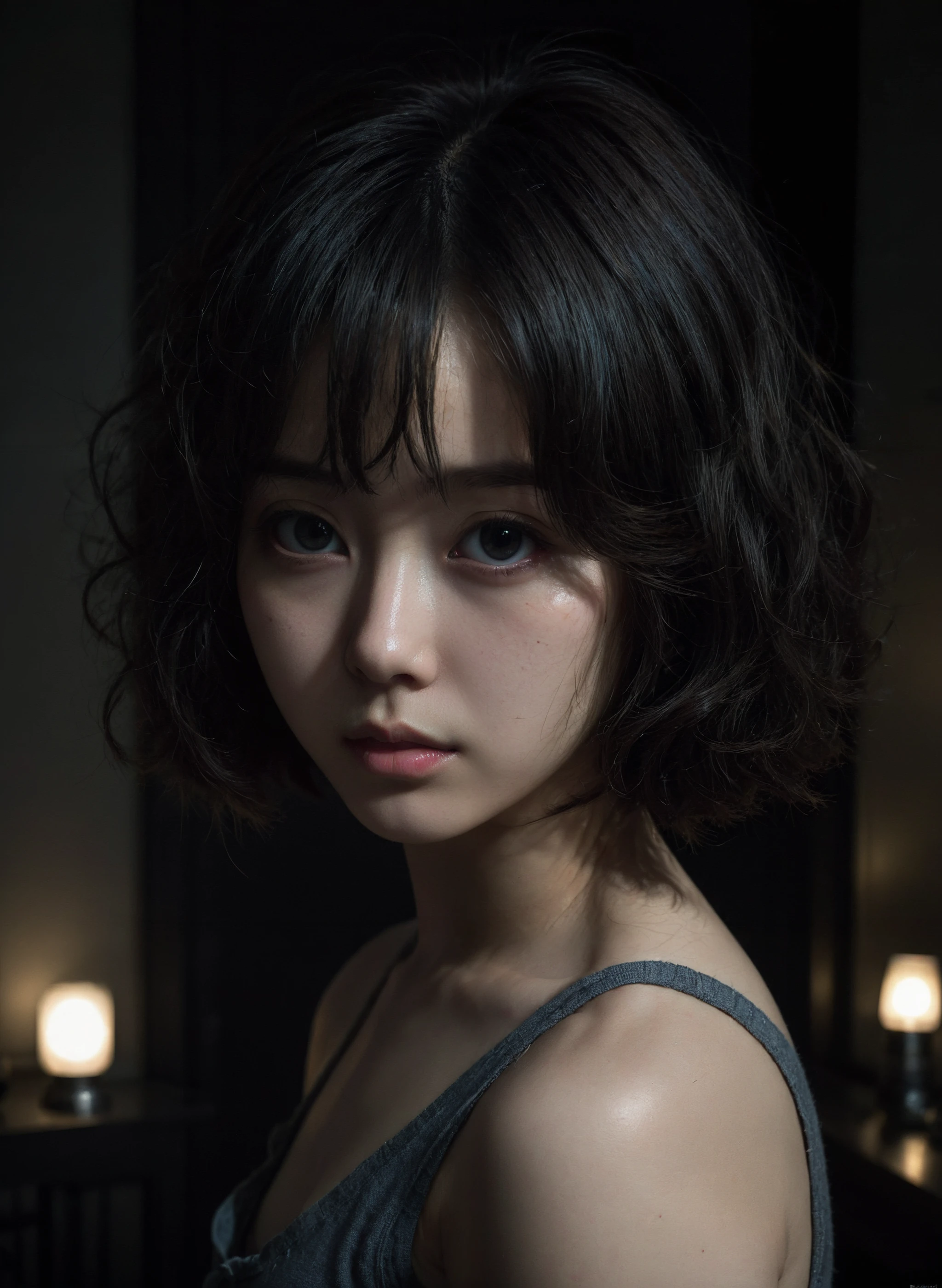 1girl, high quality,portrait, reflex in the eyes (high detailed skin:1.4), puffy eyes, gorgeous hair, (dark room:1.3), (rim lighting:1.3), (dimly lit:1.3), (dark night:1.3), indoors, portrait, black hair, dark background, short hair, korean