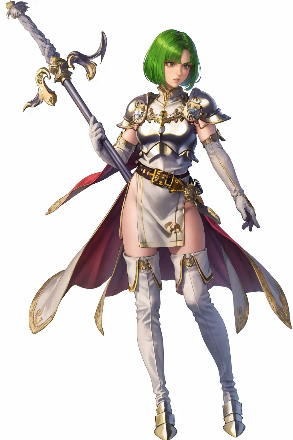 masterpiece, best quality, 1girl, solo, <lora:dithorba-fe-richy-v1:1> dithorba, shoulder armor, breastplate, white dress, belt, elbow gloves, cape, thigh boots, <lora:FEH_Concept_v2:1> black background, simple background, full body, holding polearm, polearm, parted lips,