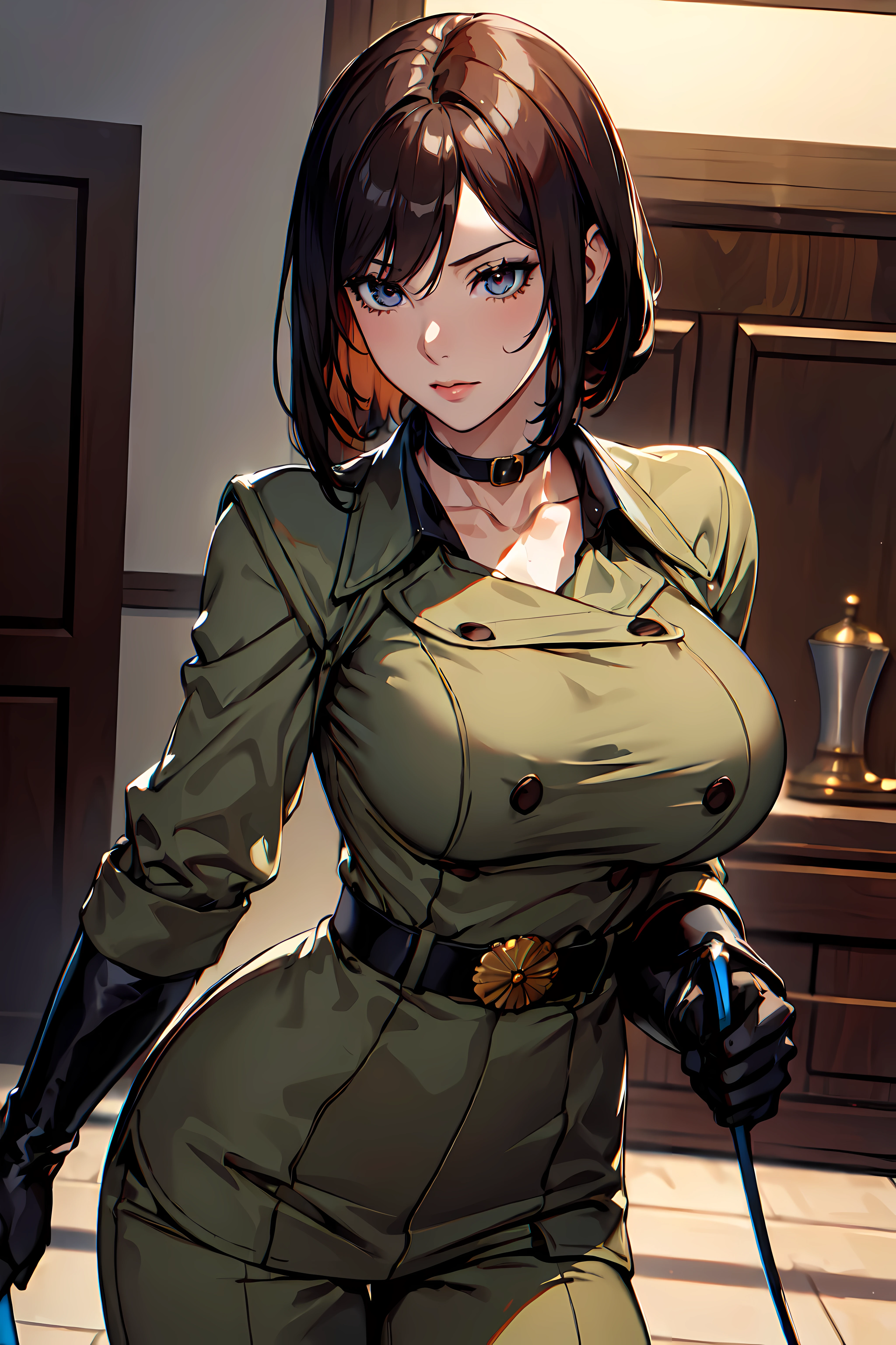 masterpiece,best quality,
1girl, large breasts,  waist , (muscular:1.2) ,slender,
<lora:Whip:0.6>
WHIPMS, GLOVES, UNIFORM, MILITARY, MILITARY UNIFORM,BELT, CHOKER, PANTS, WHIP
 <lora:hews style by goofy ai:0.4> <lora:cutesexyrobutts_v2:0.1>
 <lora:puuzaki-puuna-lora-v1:0.1> <lora:anmnr01:0.>
 <lora:Round_Breasts_V7:0.5>ROUND BREASTS, medium BREASTS