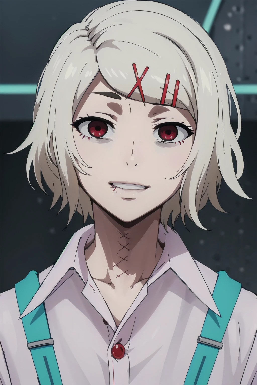 (masterpiece, best quality, high quality, highres, ultra-detailed), 
juuzou-suzuya, solo, short hair, shirt, hair ornament, red eyes, 1boy, white shirt, white hair, male focus, hairclip, collared shirt, suspenders, x hair ornament, portrait, stitches, crazy eyes, crazy smile, v-shaped eyebrows, anime screencap, 
<lora:Juuzou_Suzuya-10:1>