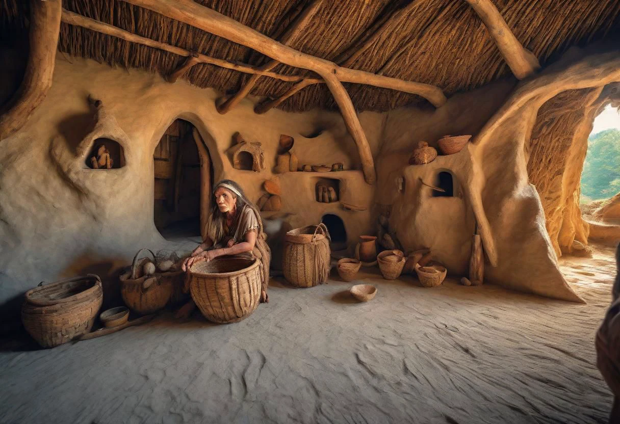 HDR,UHD,8K,Highly detailed,realistic,photo-realistic:1.37), A neanderthal woman in primitive clothig inside a neolithic house, wall painted with patterns in neolithic style, basket on the floor,