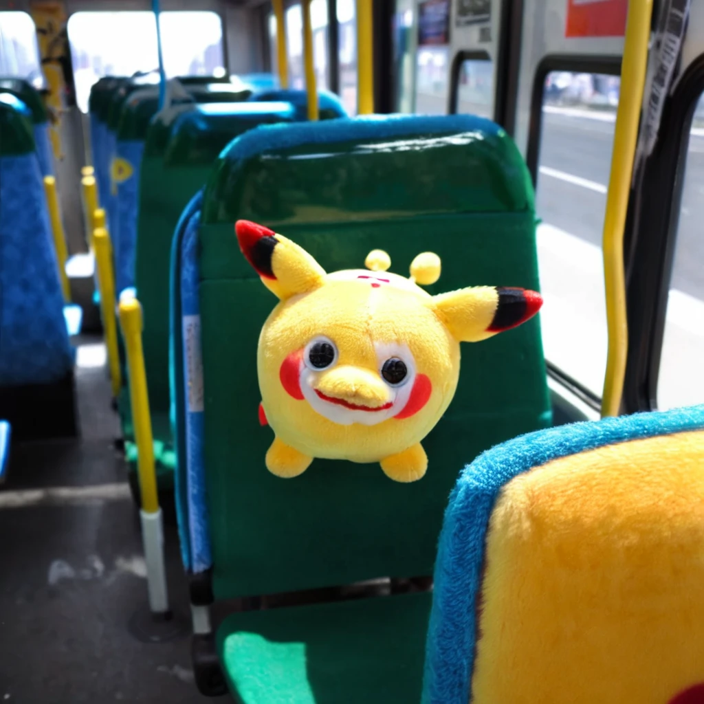 pikachu peepy on a city bus hanging over one of the seats <lora:pee-001200:1>