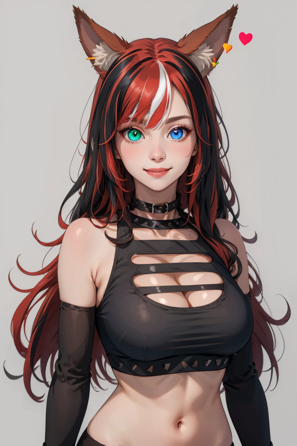 masterpiece, best quality, 1girl, bombalurina, red hair, black streaked hair, long hair, heterochromia, green eyes, blue eyes, ears animal, ears piercing, large breasts, crop top, cleavage cutout, collar, upper body, smile, looking at viewer, solo, simple background   <lora:BombalurinaV2:1>