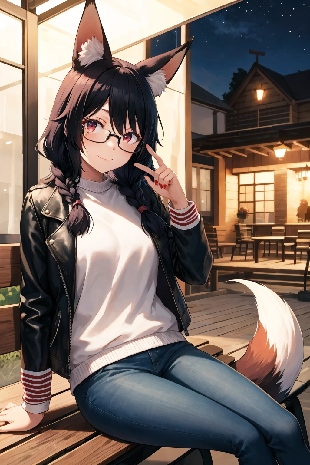 1girl, solo, sidelocks, twinbraids, black hair, red eyes, smug, smirk, glasses, sitting, bench, partk, at night, long hair, white sweater, leather jacket, black jacket, fox girl, fox ears, fox tail, jeans, black tail,<lora:Hota-Style_348272:1>