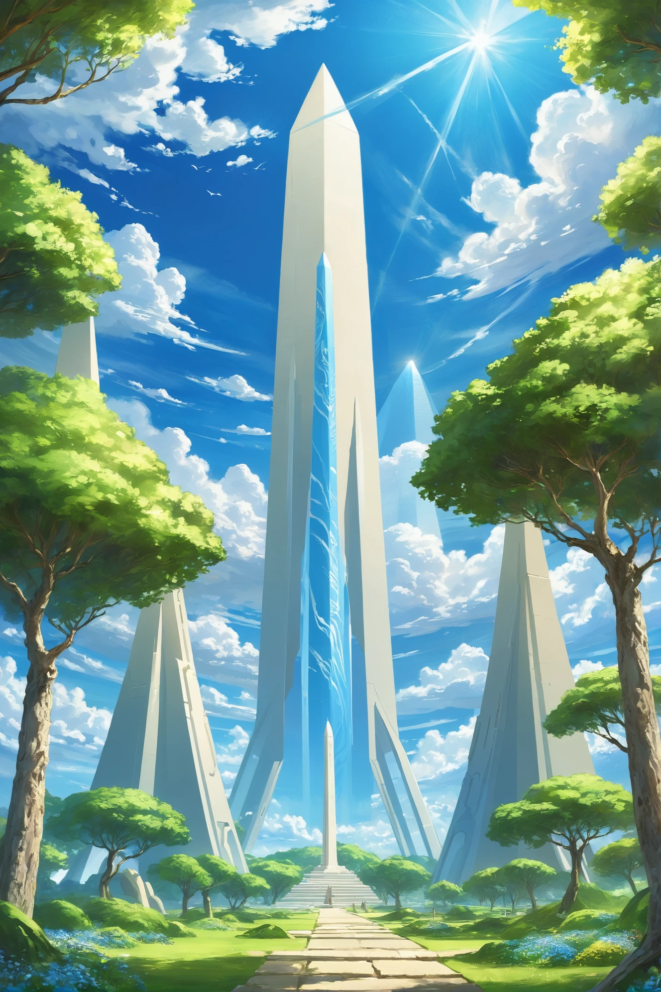 fantasy, <lora:EnvyBiophilicXL01:1>noon, blue sky, clouds, scenery, "at the Rimlit Titanesque Obelisk"<lora:EnvyBetterHiresFixXL01:0:hr=1>