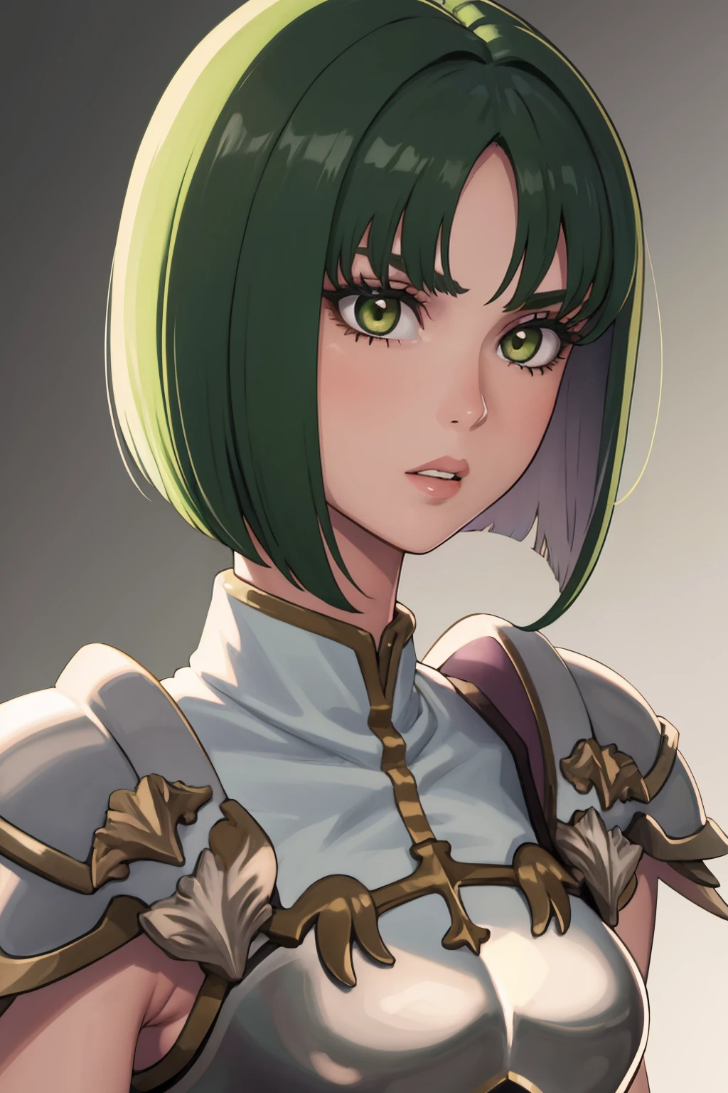 masterpiece, best quality, 1girl, solo, <lora:dithorba-fe-richy-v1:1> dithorba, shoulder armor, breastplate, close-up, parted lips, bob cut, parted bangs,