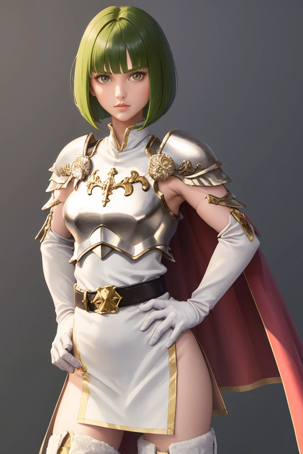 masterpiece, best quality, 1girl, solo, <lora:dithorba-fe-richy-v1:1> dithorba, shoulder armor, breastplate, white dress, belt, elbow gloves, cape, thigh boots, bob cut, parted bangs, hands on hips, looking at viewer,