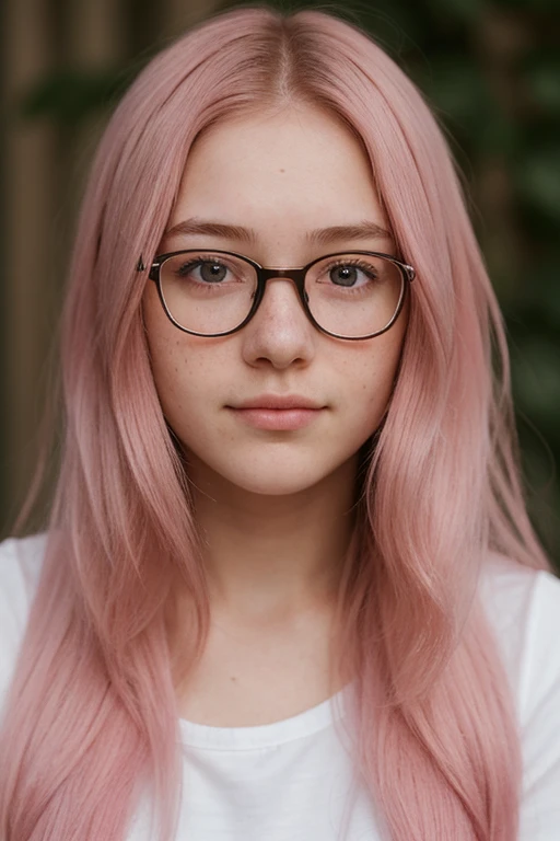 professional, masterpiece, 8k, hyperrealistic portrait of a 20yo cute girl, long hair,pink hair, glasses, (looking shy:1.3), freckles, detailed face, detailed skin, photography, hq, photorealistic,