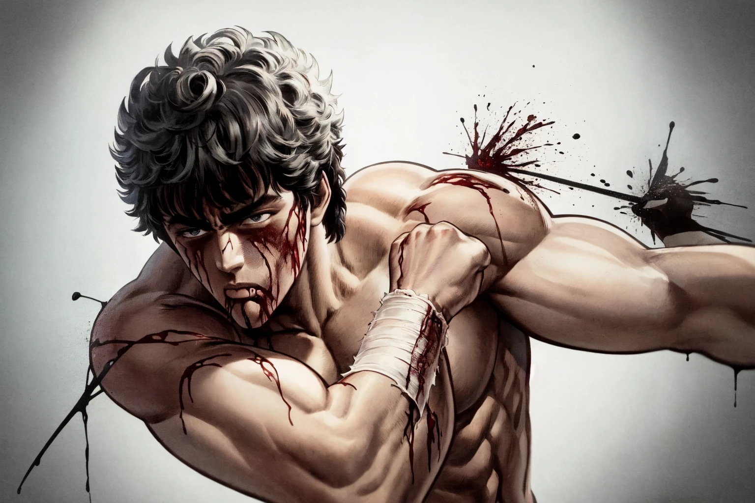 <lora:FistoftheNorthStar_ComicStyle-000010:0.8:lbw=outall>, 1boy, short hair, blood on face, muscular, punching, black hair, 
arm,arm,arm,arm,5arm,, (best quality, masterpiece:1.3)