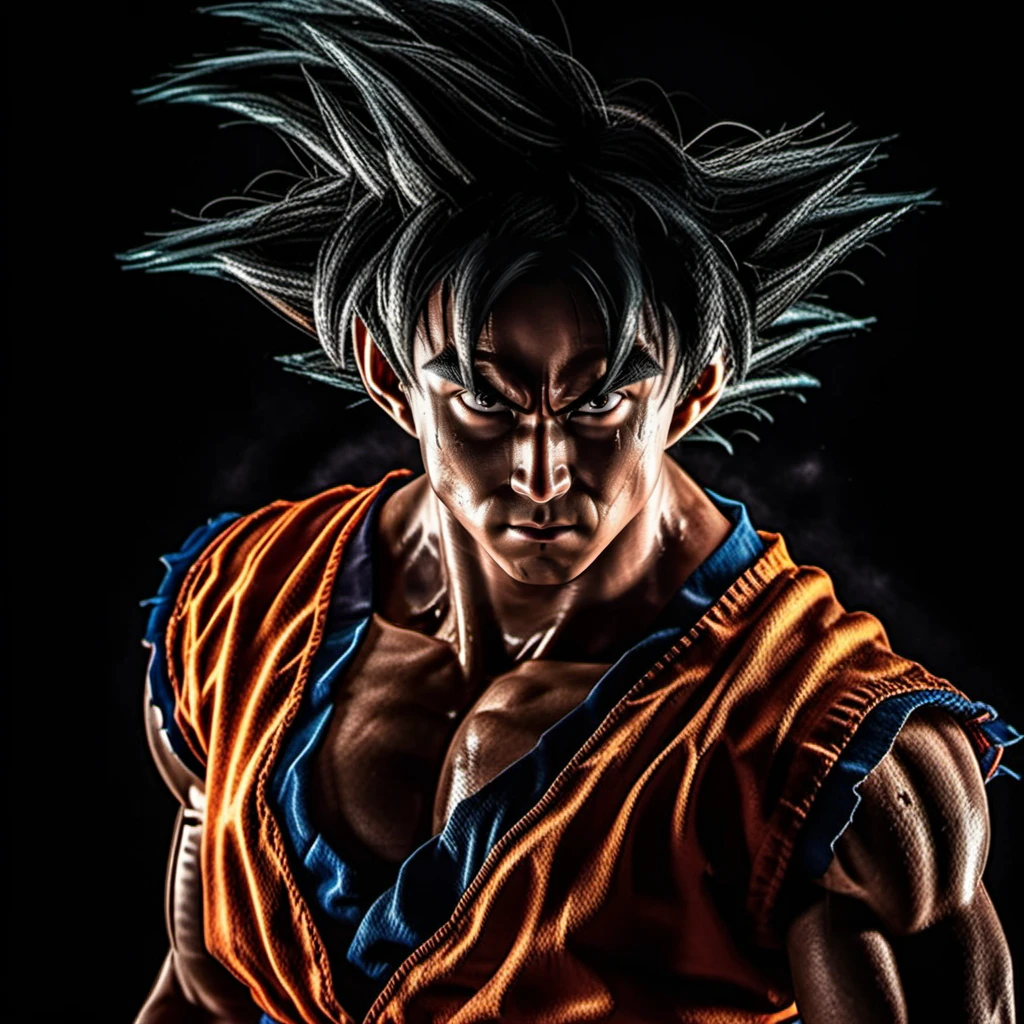 Goku1024 , a man, closeup portrait, dragon in the background, highly detailed, photography, ultra sharp, film, bokeh, professional, 64k <lora:Goku1024:0.7>