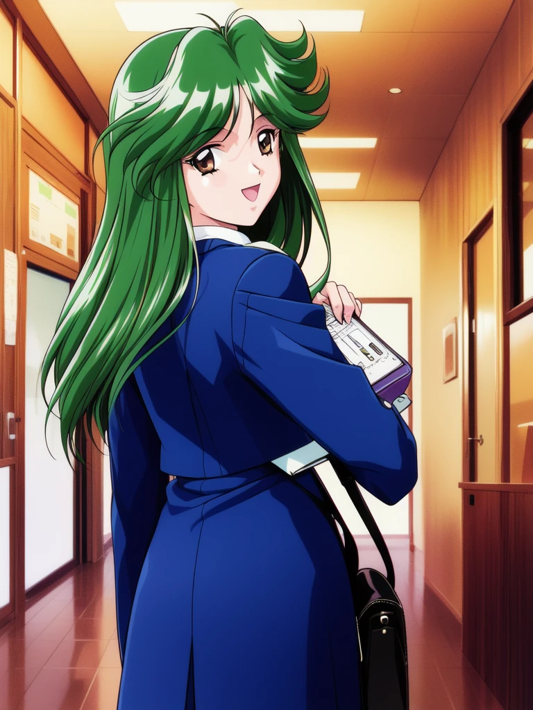 <lora:asoukasumi_TM2:1>, asoukasumi TM2, 1girl, solo, long hair, green hair, bag, retro artstyle, smile, brown eyes, 1990s (style), long sleeves, handbag, ascot, looking at viewer, jacket, shoulder bag, smile, from behind,
school in the room, open mouth,
masterpiece, high quality, very_high_resolution, large_filesize, full color,