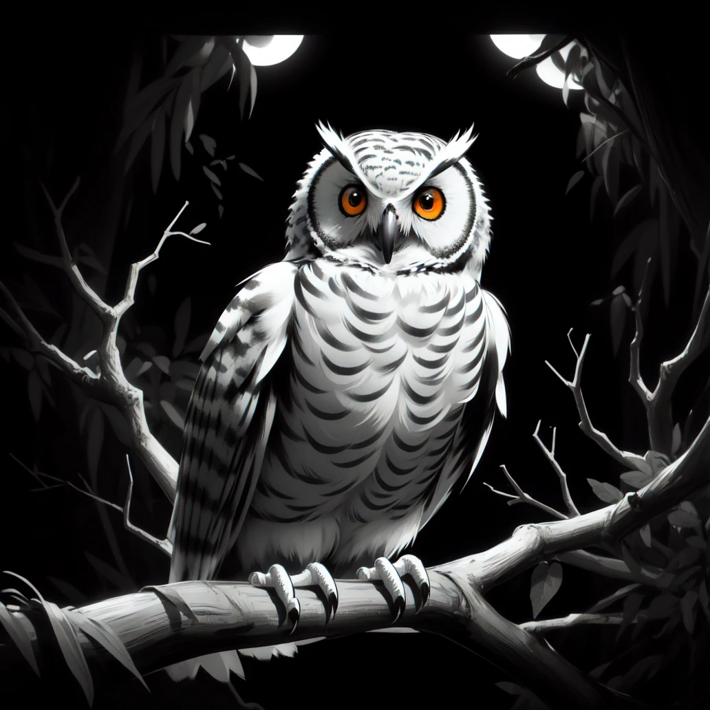 (masterpiece, best quality:1.2), (monochrome, spot color:1.08), owl, bird, (orange eyes:1.08), eye focus, no humans, looking at viewer, dark, night, horror \(theme\)