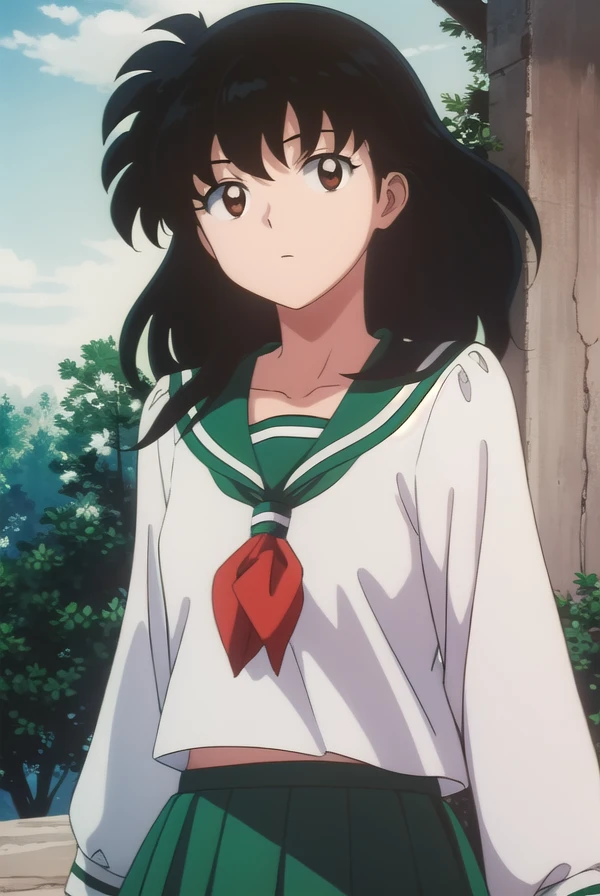 kagomehigurashi, <lora:kagome higurashi anime s4-lora-nochekaiser:1>,
kagome higurashi, long hair, (black hair:1.5), retro artstyle, (brown eyes:1.5),
BREAK skirt, shirt, long sleeves, school uniform, white shirt, pleated skirt, serafuku, sailor collar, neckerchief, green skirt, red neckerchief,
BREAK outdoors,
BREAK looking at viewer, (cowboy shot:1.5),
BREAK <lyco:GoodHands-beta2:1>, (masterpiece:1.2), best quality, high resolution, unity 8k wallpaper, (illustration:0.8), (beautiful detailed eyes:1.6), extremely detailed face, perfect lighting, extremely detailed CG, (perfect hands, perfect anatomy),