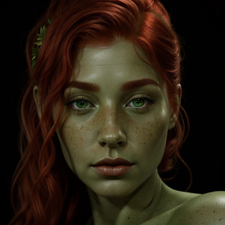Hyperrealistic art of <lora:Poison Ivy SD1.5:1.5>
Poison Ivy a woman with freckles and red hair and a black background and coral lips and green eyes, Extremely high-resolution details, photographic, realism pushed to extreme, fine texture, incredibly lifelike