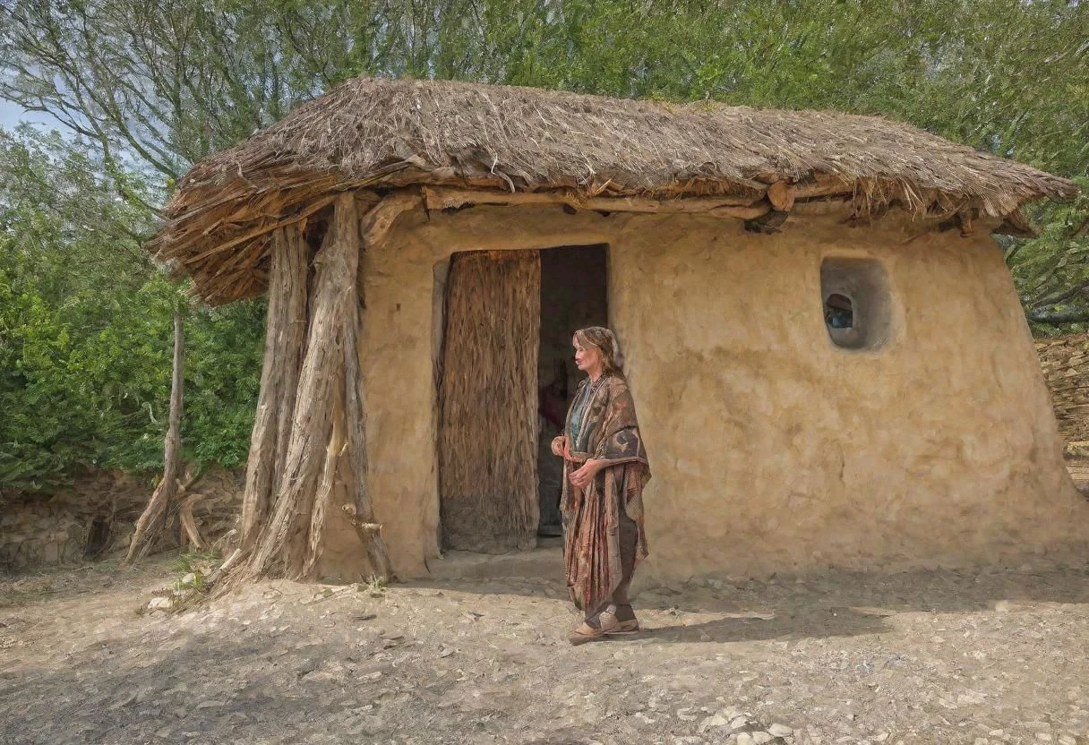 HDR,UHD,8K,Highly detailed,realistic,photo-realistic:1.37), A woman in primitive clothig outside a neolithic house, wall painted in neolithic style