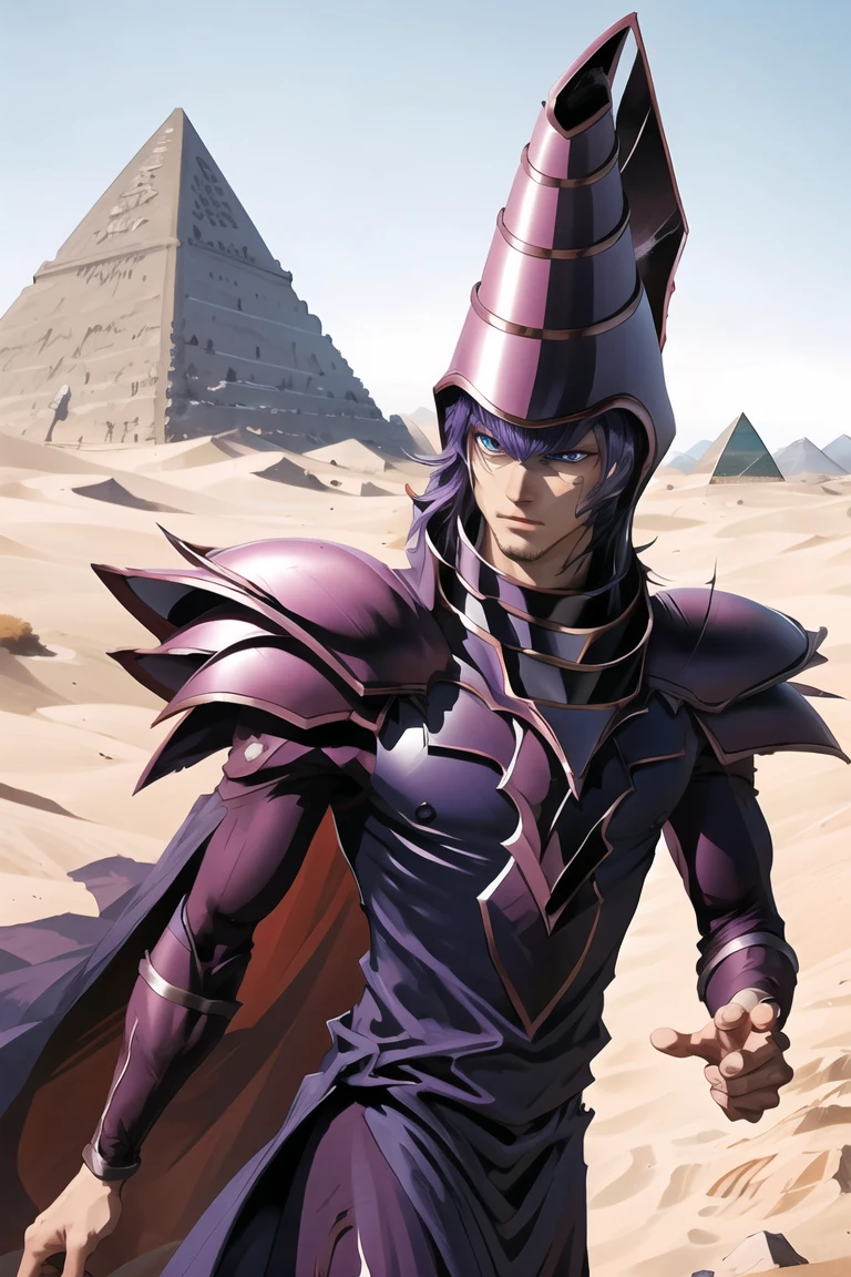 <lora:dm_ygo-10:.9>, ygodm, 1man, purple hair, blue eyes, armor, robe, helmet, ancient, outdoors, desert, pyramid, reaching, streched hand, open hand, foreshortening
