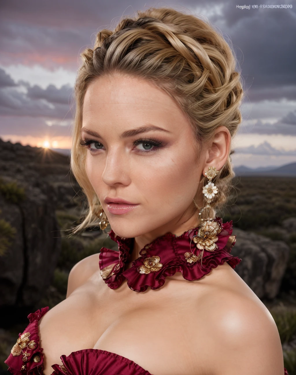 Fashion editorial style cinematic photo photo of <lora:quiron_AlexisTexas_v1_Lora:0.47> AlexisTexasQuiron woman wearing Isabel Marant ruffled silk blouse with a floral print, An otherworldly landscape with floating rock formations, colorful skies, and exotic flora, hd, hdr, 4k, . 35mm photograph, film, bokeh, professional, 4k, highly detailed . High fashion, trendy, stylish, editorial, magazine style, professional, highly detailed