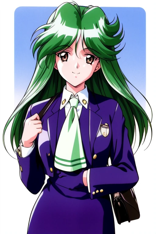 <lora:asoukasumi_TM2:1>,  asoukasumi TM2, 1girl, solo, long hair, green hair, bag, retro artstyle, smile, brown eyes, 1990s (style), white background, long sleeves, simple background, handbag, ascot, looking at viewer, jacket, shoulder bag
masterpiece, high quality, very_high_resolution, large_filesize, full color,