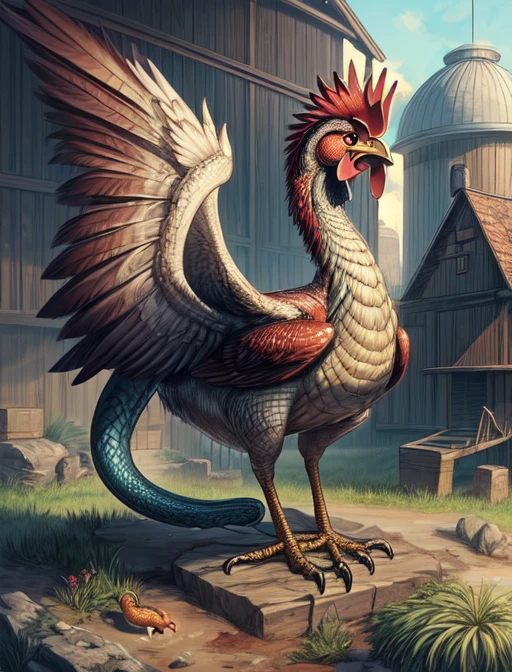 best quality, masterpiece, highres, detailed realistic, <lora:Detail - add_detail:0.2>, Cockatrice, chicken, bird, wings, snake, <lora:Cockatrice:0.6>, no humans, farm,