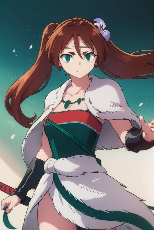inuyashaayame, <lora:inuyasha ayame anime s4-lora-nochekaiser:1>,
ayame, long hair, brown hair, hair ornament, twintails, (green eyes:1.3), flower, red hair, sword, hair flower,
BREAK jewelry, necklace, cape, collarbone,
BREAK outdoors,
BREAK looking at viewer, (cowboy shot:1.5),
BREAK <lyco:GoodHands-beta2:1>, (masterpiece:1.2), best quality, high resolution, unity 8k wallpaper, (illustration:0.8), (beautiful detailed eyes:1.6), extremely detailed face, perfect lighting, extremely detailed CG, (perfect hands, perfect anatomy),
